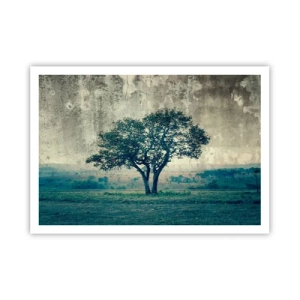Plakat - Samotne drzewo na tle zamglonego krajobrazu - 100x70cm - Jabłoń na błękitnym błoniu? - Nowoczesna dekoracja ścienna do salonu i sypialni ARTTOR