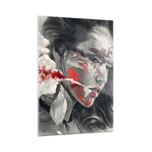 Obraz na szkle - Portret kobiety z abstrakcyjnymi czerwonymi i białymi wzorami - 50x70cm - W oparach absurdu - Nowoczesna dekoracja ścienna do salonu, kuchni i sypialni ARTTOR