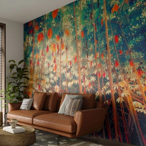 Fototapeta Premium Sand - Kolorowy las bambusowy z intensywnym oświetleniem - 100x70cm - Tajemne życie liści - Nowoczesna dekoracja ścienna do salonu, kuchni i sypialni ARTTOR