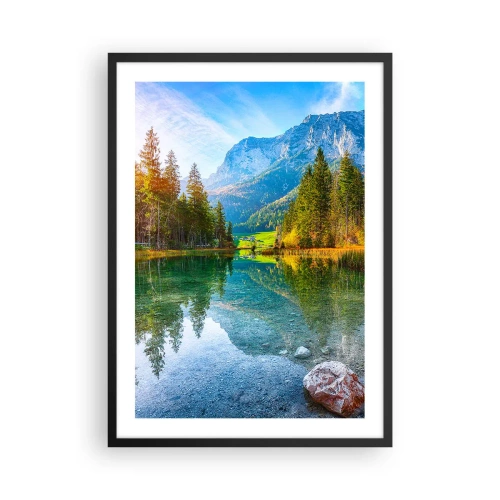 Plakat w czarnej ramie - Jezioro w górach otoczone drzewami i odbicie gór w wodzie - 50x70cm - Łagodność jesieni - Nowoczesna dekoracja ścienna do salonu i sypialni ARTTOR