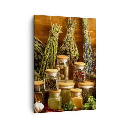 Obraz na płótnie - Suszone zioła i przyprawy w szklanych słoikach na drewnie - 50x70cm - Kuchenne czary - Nowoczesna dekoracja ścienna do salonu, kuchni i sypialni ARTTOR