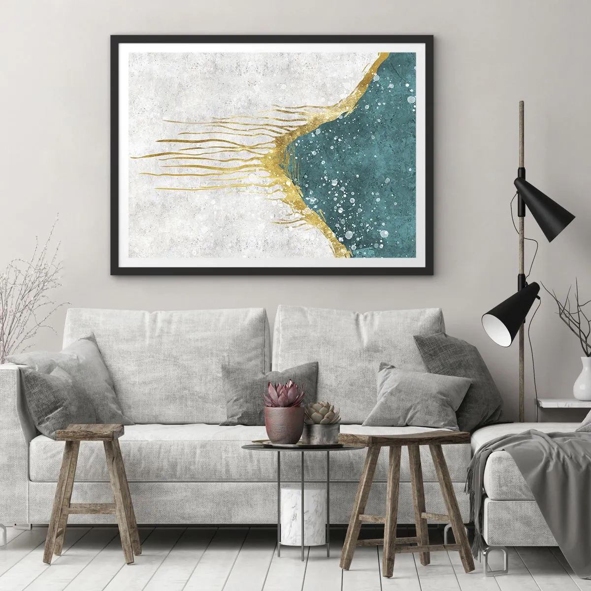Plakat w czarnej ramie - Abstrakcyjna kompozycja w odcieniach złota i turkusu - 70x50cm - Złoty przypływ - Nowoczesna dekoracja ścienna do salonu i sypialni ARTTOR