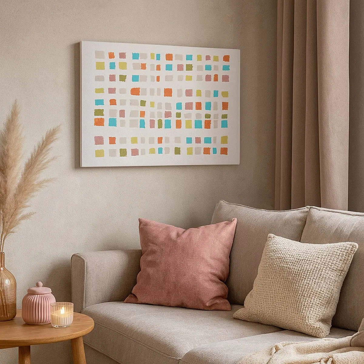 Obraz na płótnie - Kolorowe kwadraty w minimalistycznym układzie na białym tle - 70x50cm - Nieznana gra - Nowoczesna dekoracja ścienna do salonu i sypialni ARTTOR