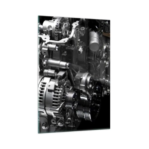Obraz na szkle - Metalowe części silnika w zbliżeniu na czarnym tle - 80x120cm - Stalowy, piękny, silny - Nowoczesna dekoracja ścienna do salonu i sypialni ARTTOR