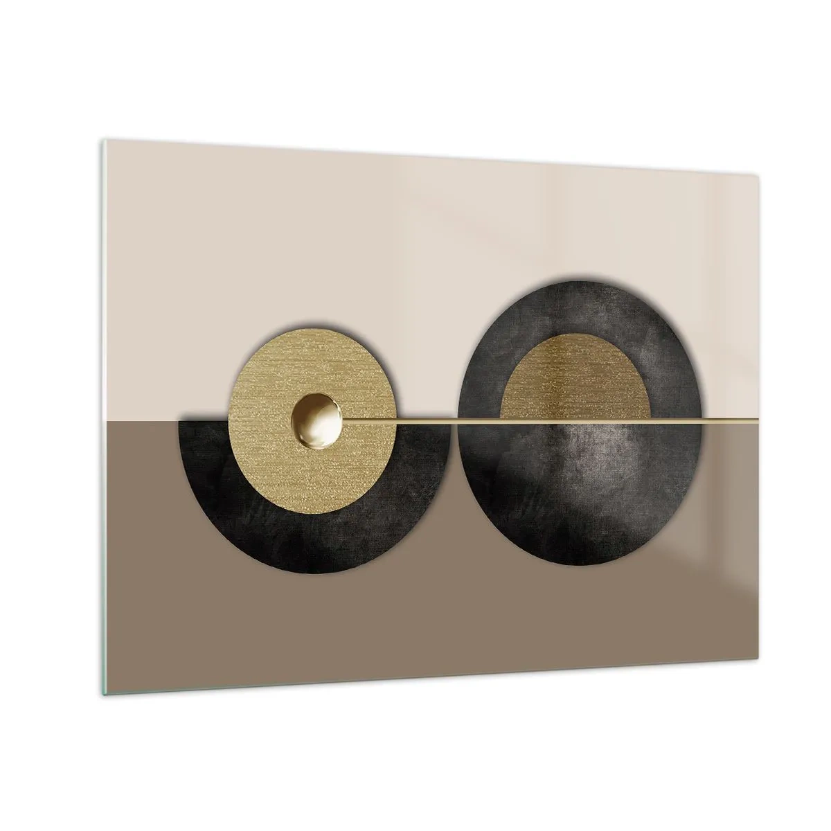 Obraz na szkle - Geometryczne koła w złocie i czerni na beżowym tle - 70x50cm - Wariacje wokół koła - Nowoczesna dekoracja ścienna do salonu i sypialni ARTTOR