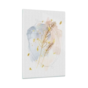 Obraz na szkle - Delikatny motyw liści w złotym kolorze na pastelowym tle z akwarelowymi detalami - 80x120cm - Złoty podmuch - Nowoczesna dekoracja ścienna do salonu i sypialni ARTTOR