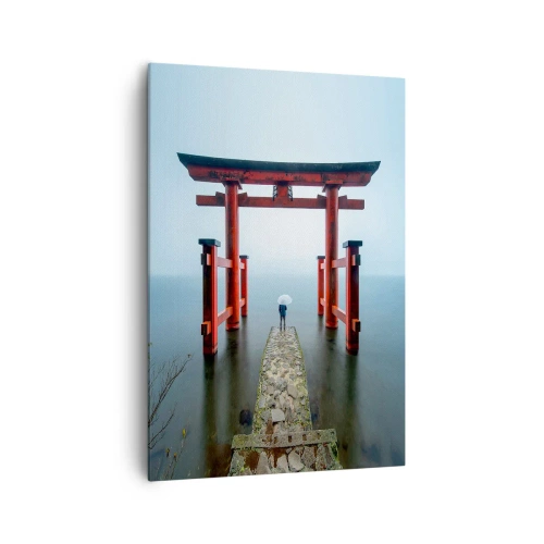 Obraz na płótnie - Brama torii nad spokojnym jeziorem w Japonii - 70x100cm - Japońska zaduma - Nowoczesna dekoracja ścienna do salonu i sypialni ARTTOR