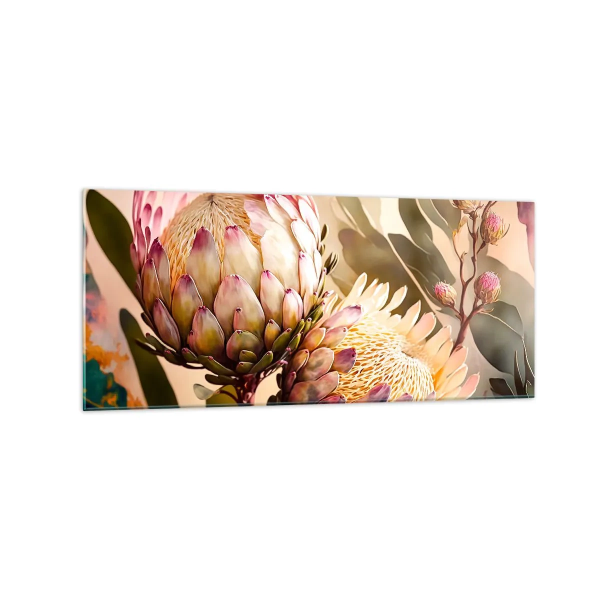 Obraz na szkle - Kolorowe kwiaty protei na delikatnym tle - 120x50cm - Czule objęte - Nowoczesna dekoracja ścienna do salonu i sypialni ARTTOR