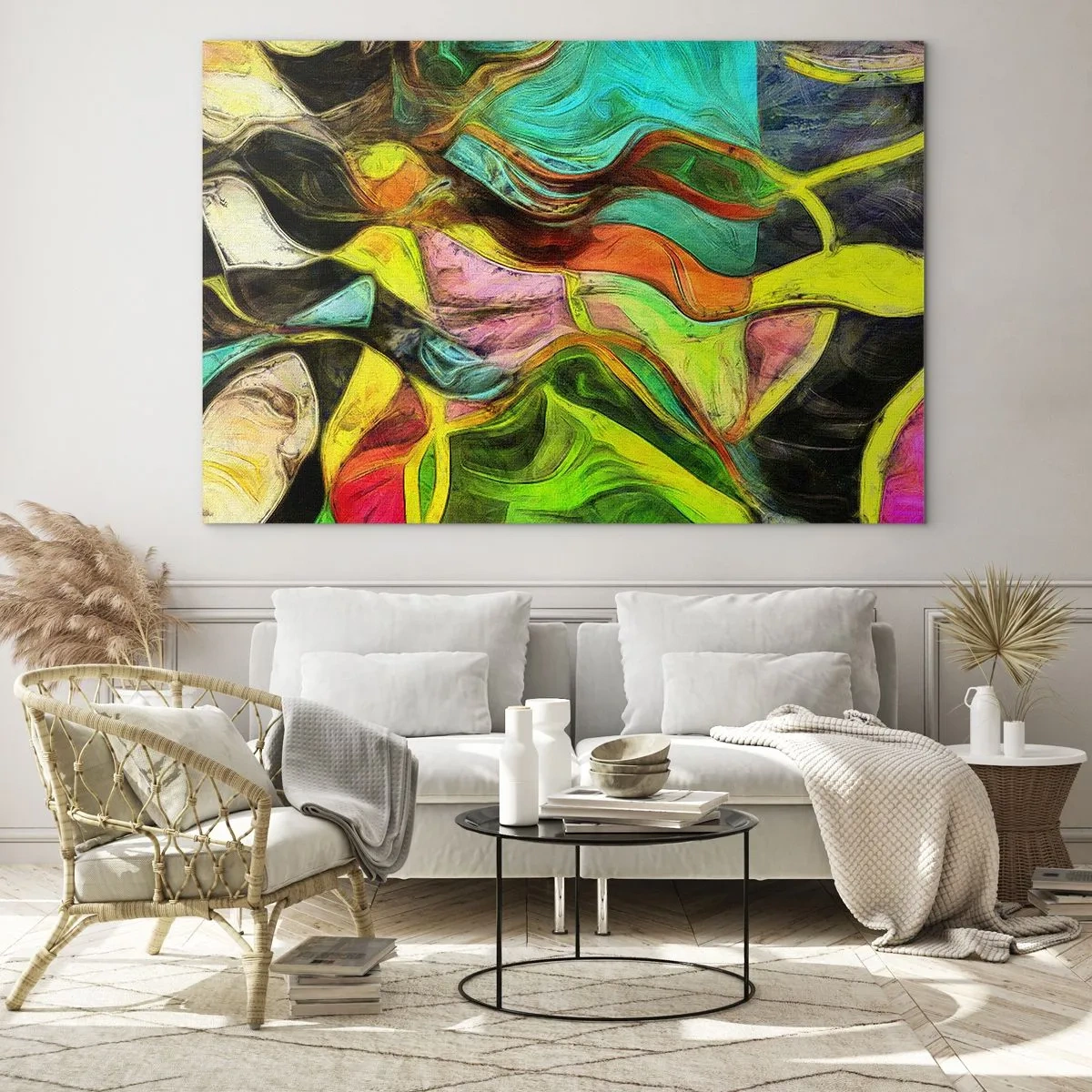 Obraz na szkle - Abstrakcyjna kompozycja z intensywnymi, wielobarwnymi falami - 120x80cm - Ruch to życie - Nowoczesna dekoracja ścienna do salonu, kuchni i sypialni ARTTOR