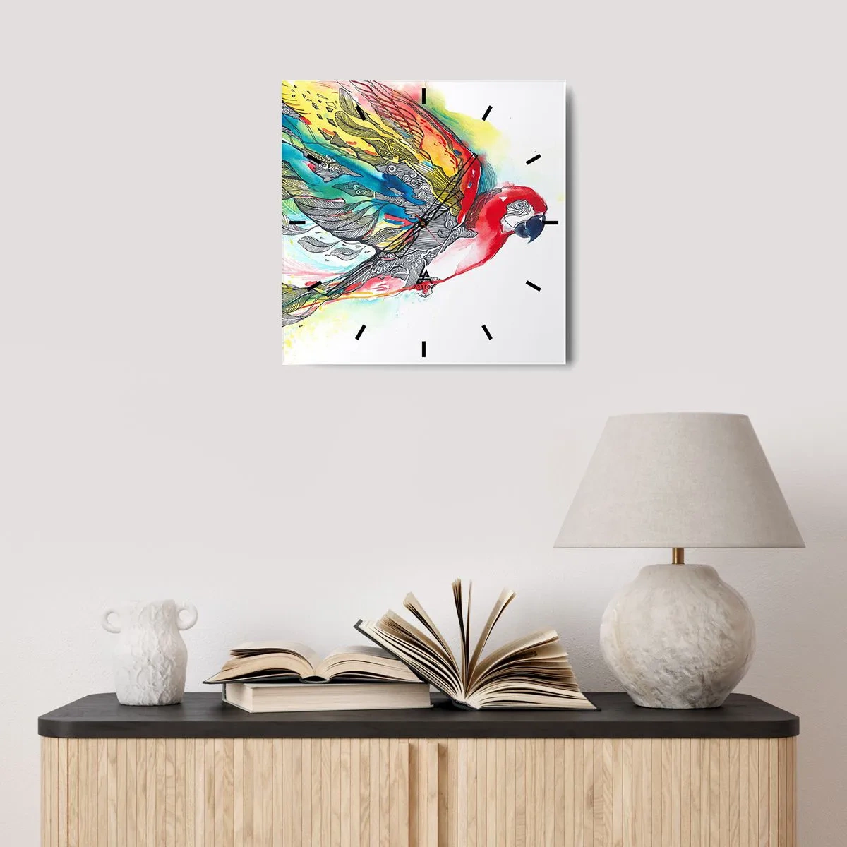Zegar ścienny - Kolorowa papuga w locie z abstrakcyjnymi wzorami na skrzydłach - 30x30cm - Żyj kolorowo - Nowoczesna dekoracja ścienna do salonu i sypialni ARTTOR
