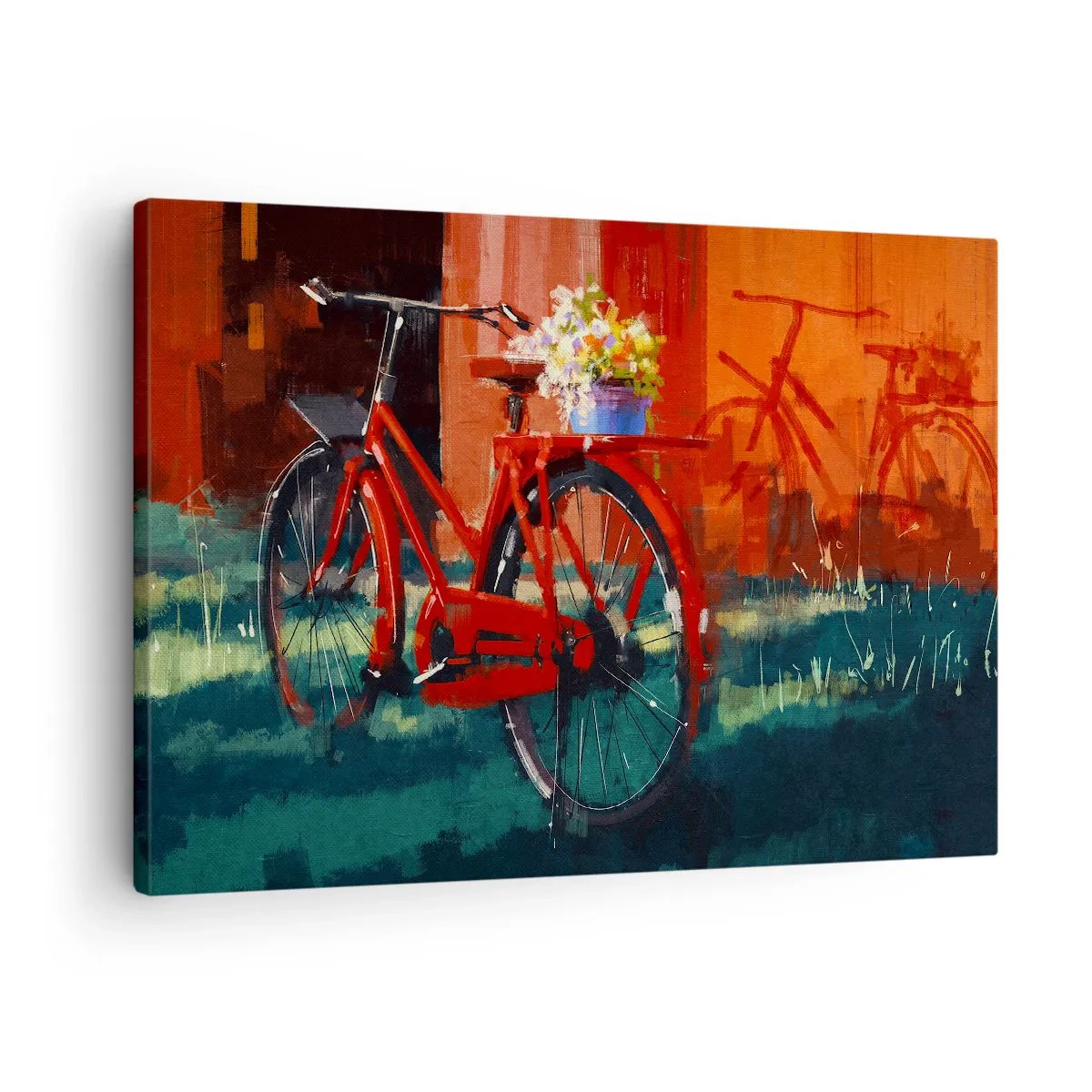 Obraz na płótnie - Czerwony rower z kwiatami w tle pomarańczowej ściany - 70x50cm - I want to ride my bicycle - Nowoczesna dekoracja ścienna do salonu i sypialni ARTTOR