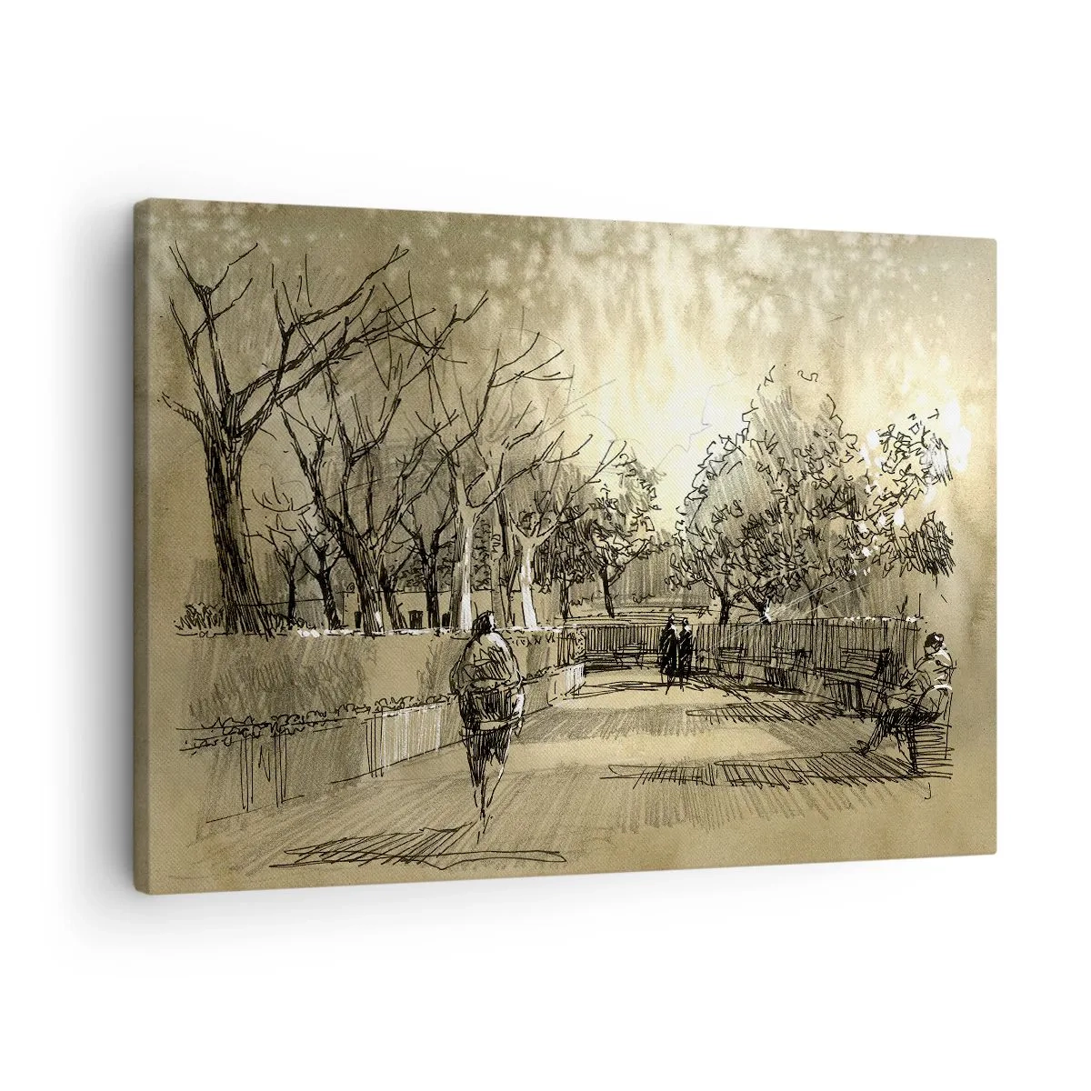 Obraz na płótnie - Rysunkowa scena z parkiem i spacerującymi ludźmi w ciepłych odcieniach - 70x50cm - Piórkiem zatrzymana chwila - Nowoczesna dekoracja ścienna do salonu i sypialni ARTTOR