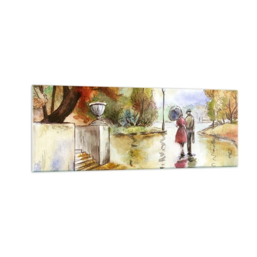 Obraz na szkle - Spacer w jesiennym parku z parasolem - 140x50cm - Romantyczna jesień w parku - Nowoczesna dekoracja ścienna do salonu i sypialni ARTTOR