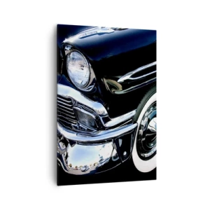 Obraz na płótnie - Czarny klasyczny samochód w zbliżeniu na reflektor i błotnik - 70x100cm - Klasyka w srebrze, czerni i bieli - Nowoczesna dekoracja ścienna do salonu i sypialni ARTTOR