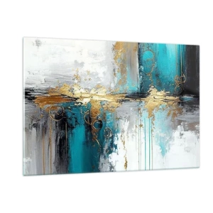 Obraz na szkle - Abstrakcja z turkusem i złotem na białym tle - 120x80cm - Wszystko płynie - Nowoczesna dekoracja ścienna do salonu, kuchni i sypialni ARTTOR