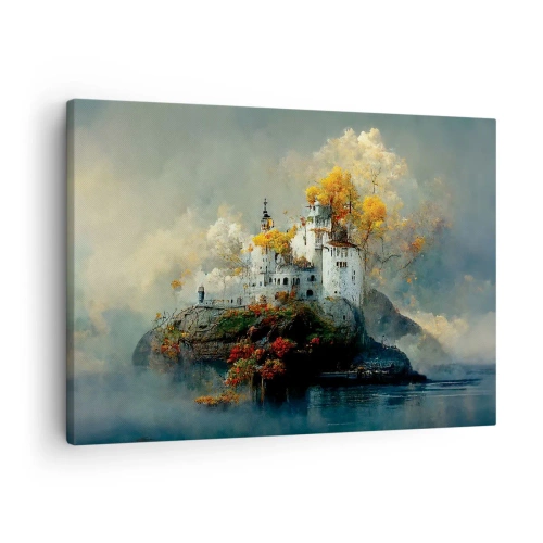 Obraz na płótnie - Zamek na wzgórzu otoczony jesiennymi drzewami - 70x50cm - Początek romantycznej opowieści - Nowoczesna dekoracja ścienna do salonu i sypialni ARTTOR