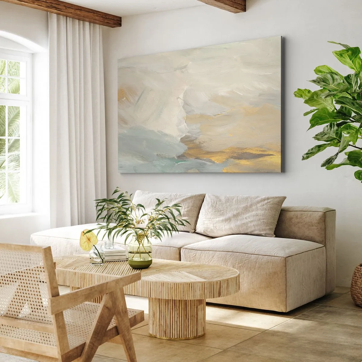 Obraz na płótnie - Delikatne abstrakcyjne pociągnięcia w odcieniach bieli i złota - 70x50cm - Abstrakcja – kraina łagodności - Nowoczesna dekoracja ścienna do salonu i sypialni ARTTOR