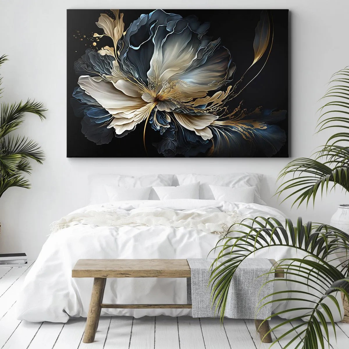 Obraz na płótnie - Kwiat w odcieniach złota i granatu na czarnym tle - 70x50cm - Baśniowy kwiat paproci - Nowoczesna dekoracja ścienna do salonu i sypialni ARTTOR
