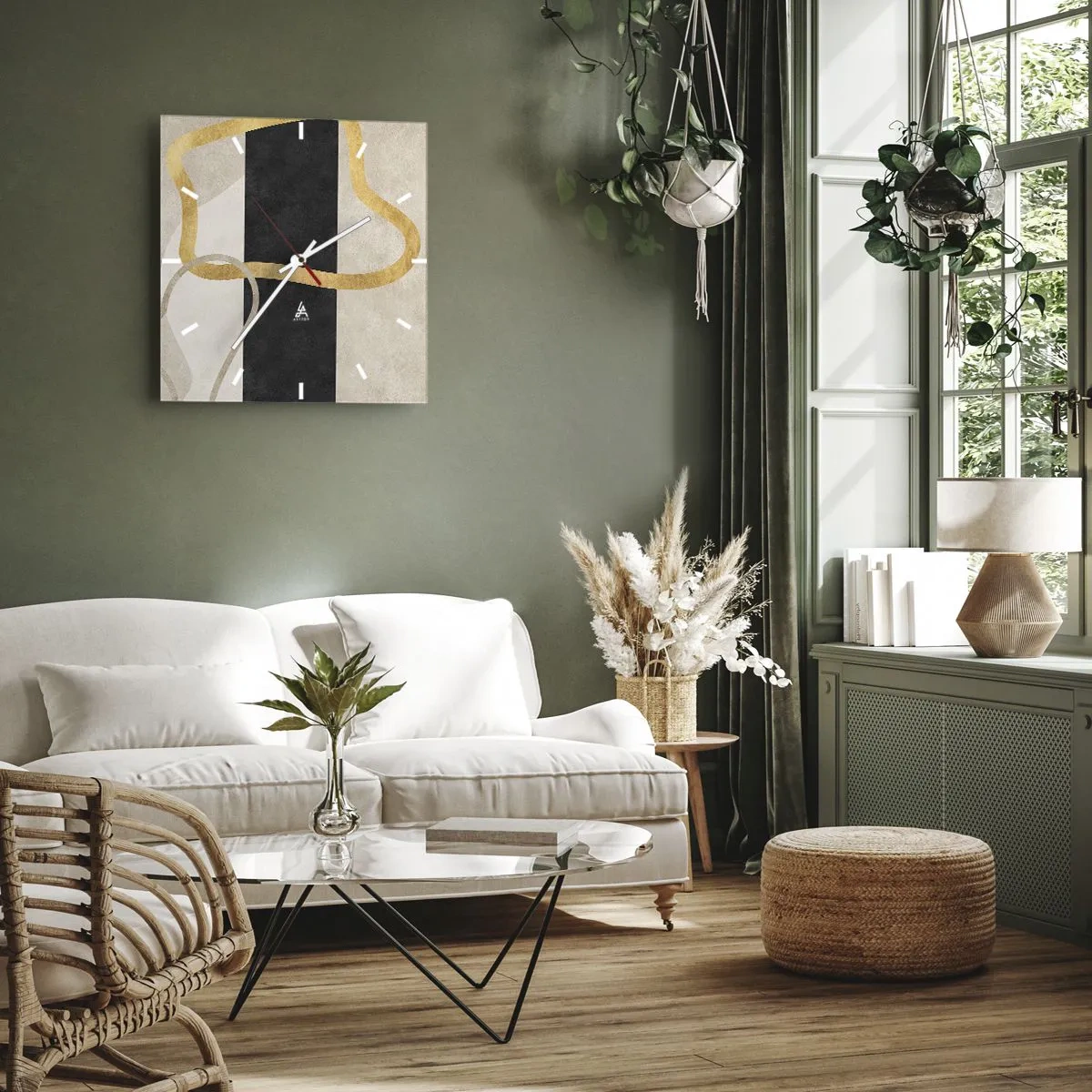 Zegar ścienny - Minimalistyczny wzór z zapętlonymi kształtami w złotym i czarnym kolorze - 30x30cm - Kształty zapętlone - Nowoczesna dekoracja ścienna do salonu i sypialni ARTTOR