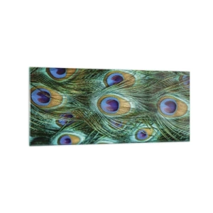 Obraz na szkle - Detale pawich piór w soczystych kolorach - 120x50cm - Pawiookie spojrzenie - Nowoczesna dekoracja ścienna do salonu i sypialni ARTTOR
