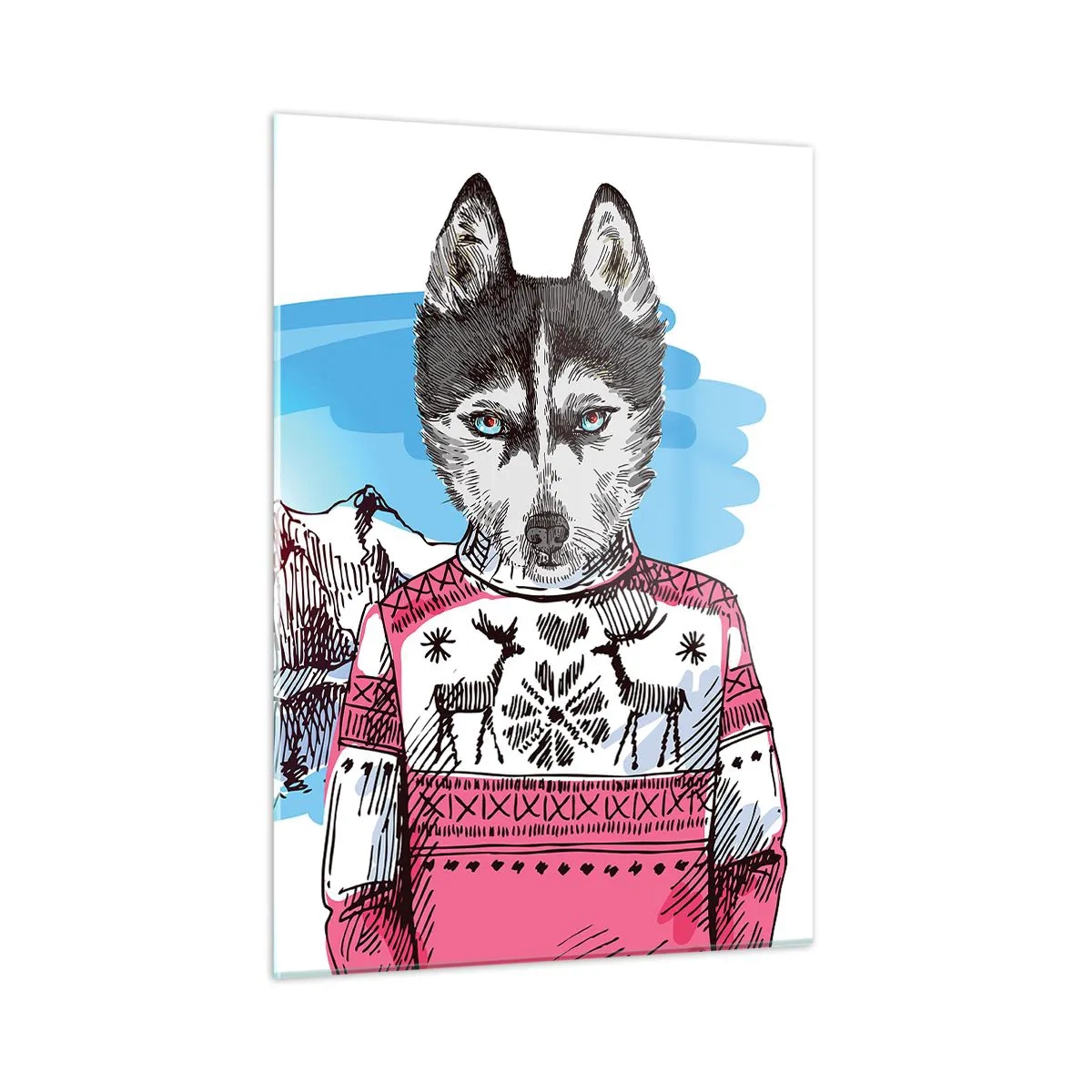 Obraz na szkle - Husky w swetrze na tle gór - 50x70cm - Wilk w owczej wełnie - Nowoczesna dekoracja ścienna do salonu, kuchni i sypialni ARTTOR
