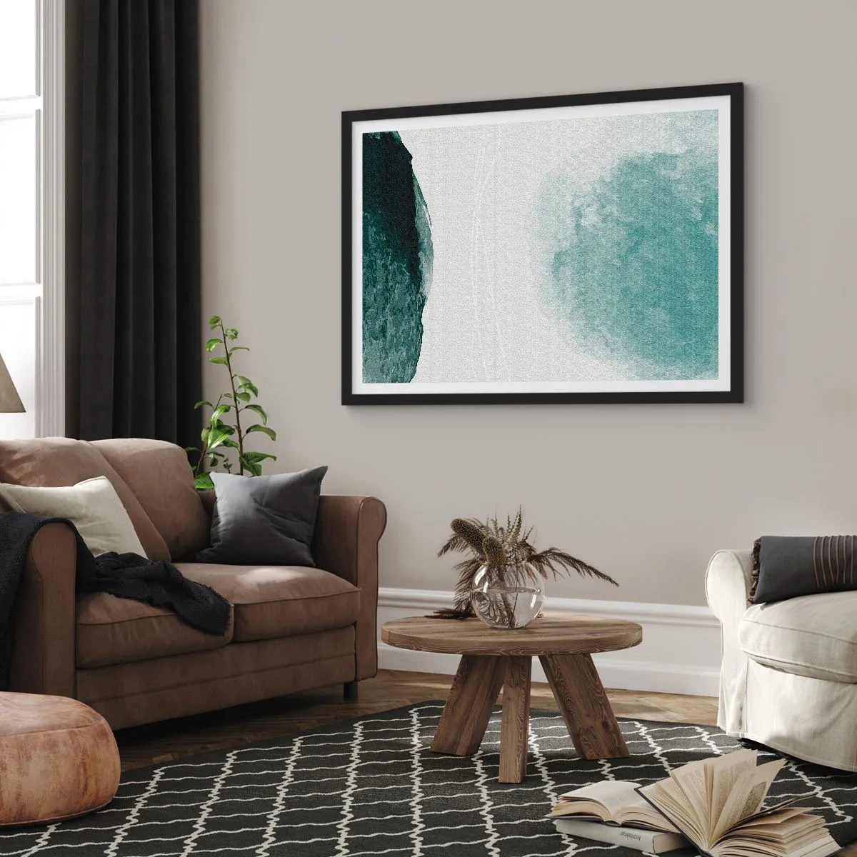 Plakat w czarnej ramie - Delikatna kompozycja abstrakcyjna w odcieniach zieleni z subtelnymi formami na jasnym tle - 70x50cm - Spotkanie z mgłą - Nowoczesna dekoracja ścienna do salonu i sypialni ARTTOR