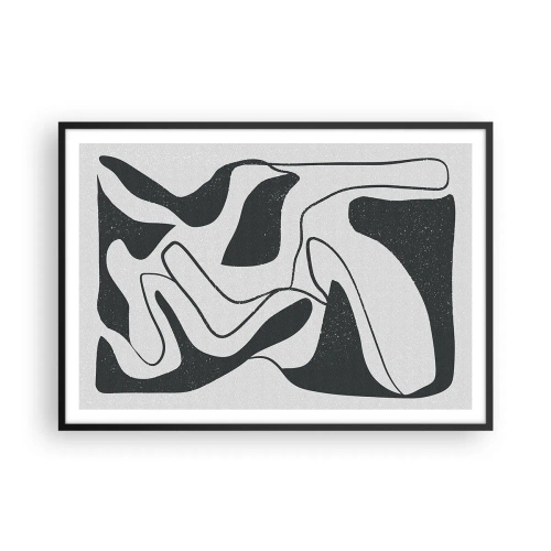 Plakat w czarnej ramie - Czarno-biała abstrakcja z organicznymi kształtami - 100x70cm - Abstrakcyjna zabawa w labiryncie - Nowoczesna dekoracja ścienna do salonu i sypialni ARTTOR