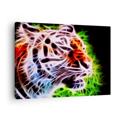 Obraz na płótnie - Kolorowy artystyczny portret tygrysa w neonowym stylu na czarnym tle - 70x50cm - Groźna aura - Nowoczesna dekoracja ścienna do salonu i sypialni ARTTOR