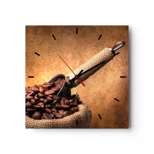 Zegar ścienny - Ziarna kawy w worku jutowym z metalową łyżką - 30x30cm - U źródeł smaku - Nowoczesna dekoracja ścienna do salonu i sypialni ARTTOR