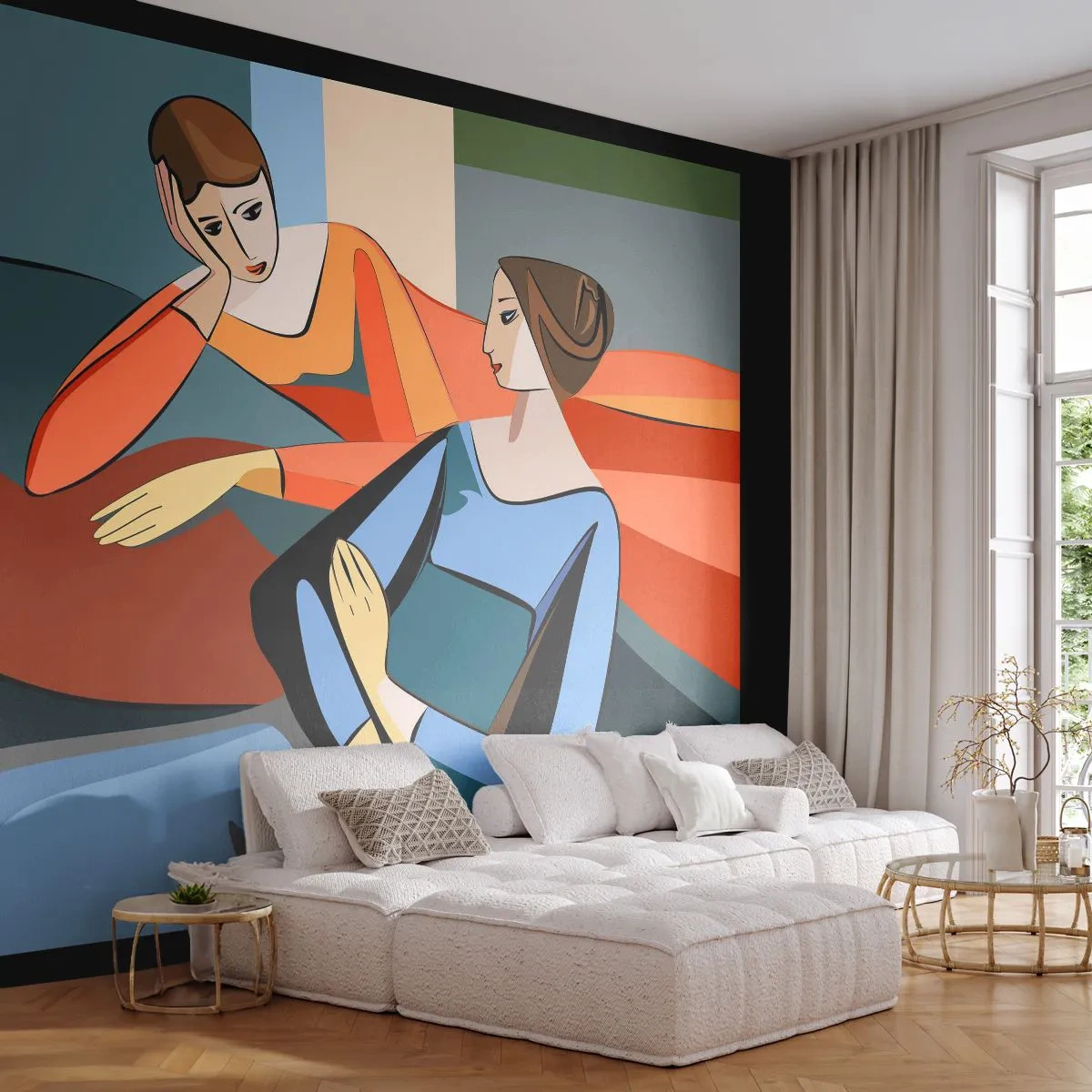 Fototapeta Premium Canvas - Abstrakcyjna ilustracja dwóch kobiet w stylu kubistycznym - 100x70cm - Chwila zwierzeń - Nowoczesna dekoracja ścienna do salonu i sypialni ARTTOR