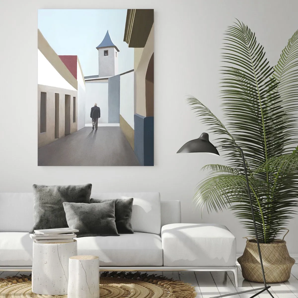 Obraz na szkle - Minimalistyczna uliczka z sylwetką mężczyzny w tle - 80x120cm - Słoneczny spacer - Nowoczesna dekoracja ścienna do salonu i sypialni ARTTOR