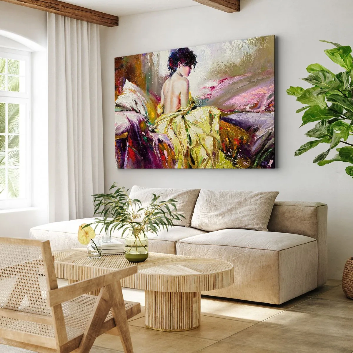 Obraz na płótnie - Malarska scena kobiety na łóżku w romantycznej atmosferze - 70x50cm - Między ustami a brzegiem pucharu - Nowoczesna dekoracja ścienna do salonu i sypialni ARTTOR