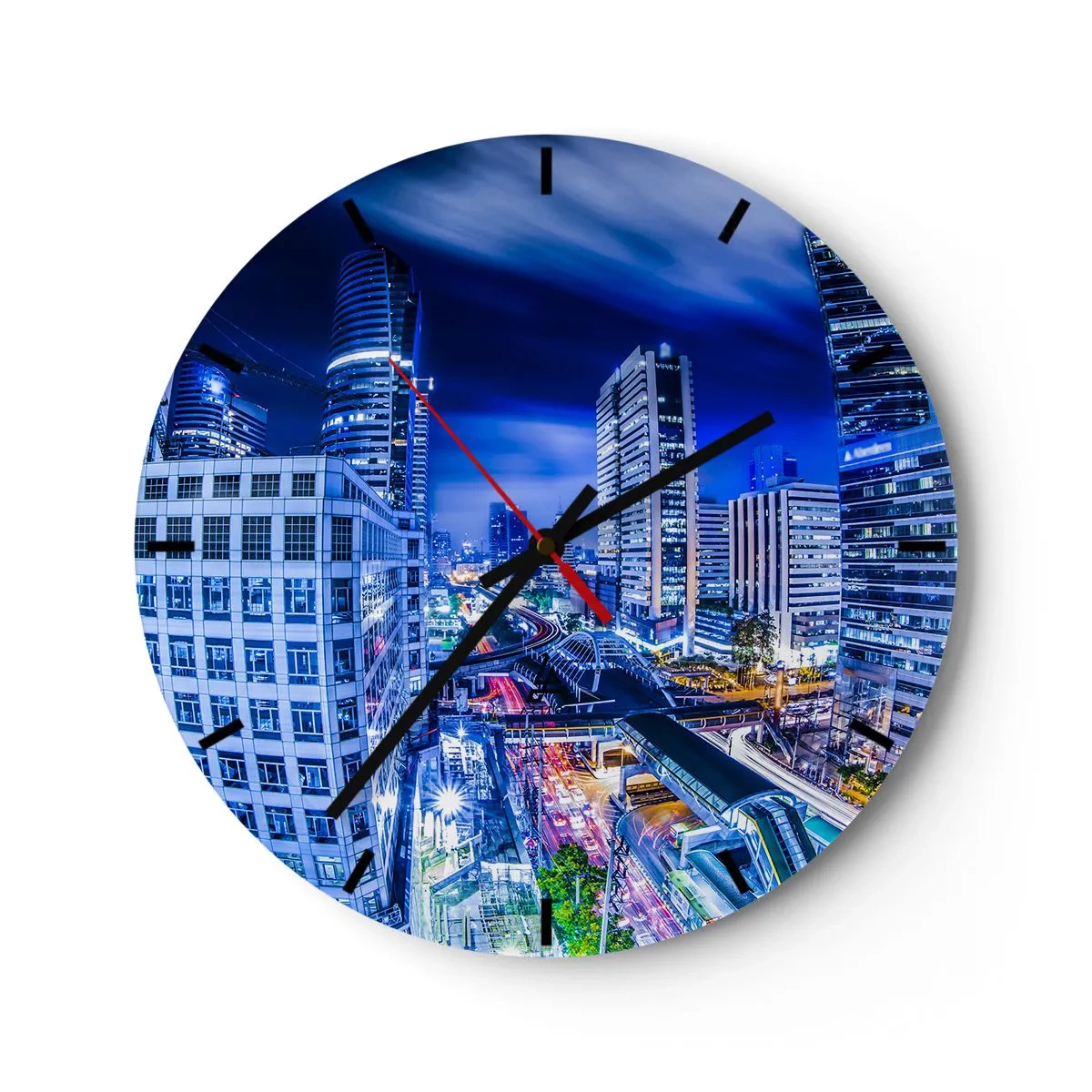Zegar ścienny - Nowoczesne wieżowce oświetlone nocą - 30x30cm - Rytmy nocnego miasta - Nowoczesna dekoracja ścienna do salonu, kuchni i sypialni ARTTOR