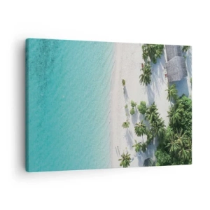 Obraz na płótnie - Tropikalna plaża z turkusową wodą i palmami z lotu ptaka - 70x50cm - Wakacje w raju - Nowoczesna dekoracja ścienna do salonu i sypialni ARTTOR