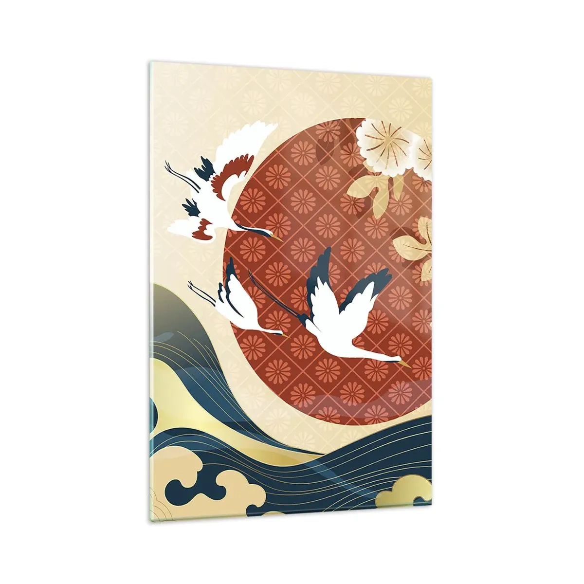 Obraz na szkle - Japońska kompozycja z żurawiami i falami - 80x120cm - Japońska baśń - Nowoczesna dekoracja ścienna do salonu i sypialni ARTTOR