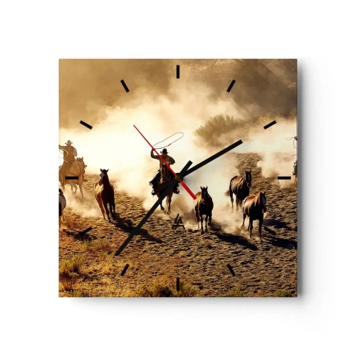Zegar ścienny - Kowboje na koniach w akcji na pustynnym terenie - 30x30cm - Naprawdę dziki zachód - Nowoczesna dekoracja ścienna do salonu i sypialni ARTTOR
