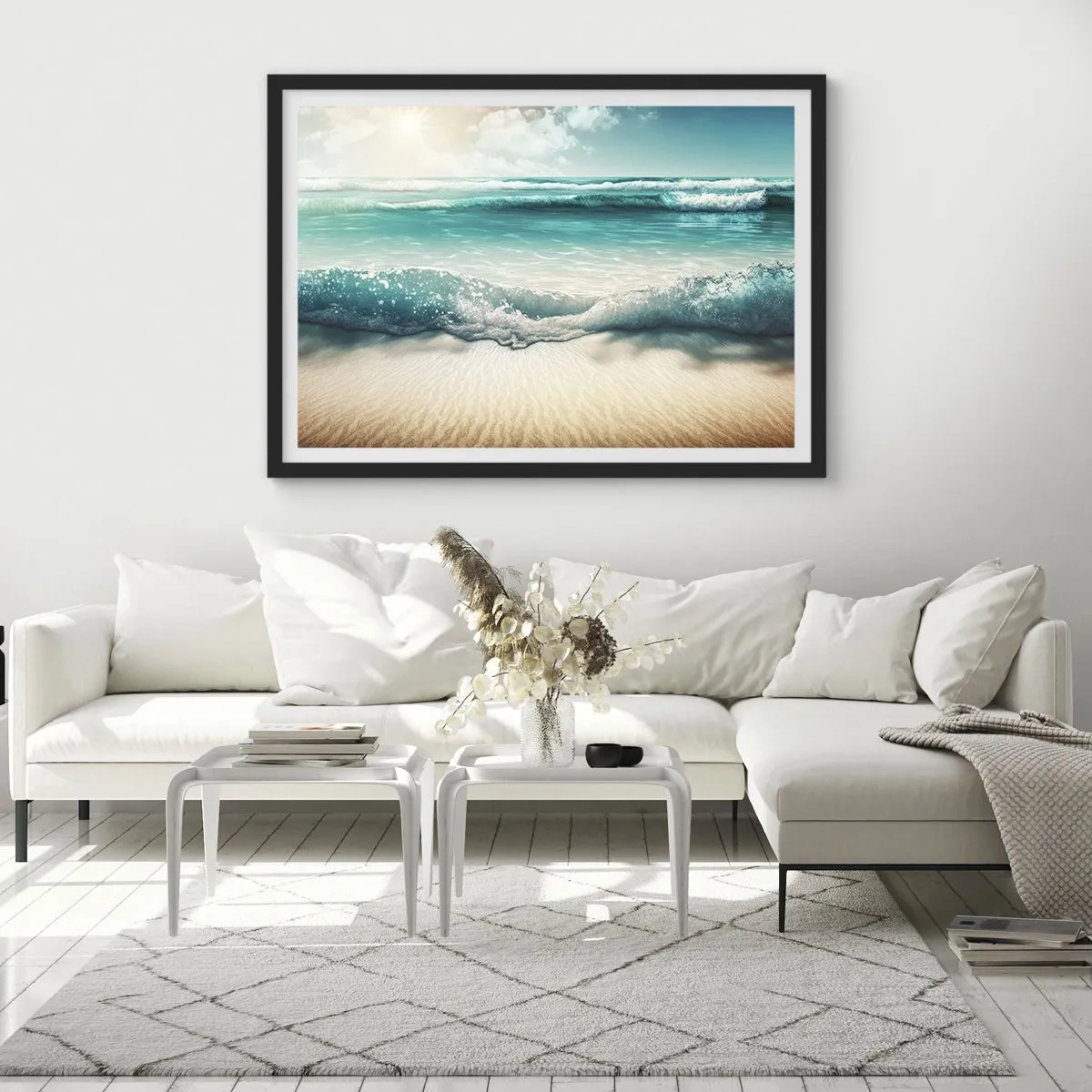 Plakat w czarnej ramie - Fale oceanu na jasnej piaszczystej plaży - 100x70cm - Spokój oceanu - Nowoczesna dekoracja ścienna do salonu i sypialni ARTTOR
