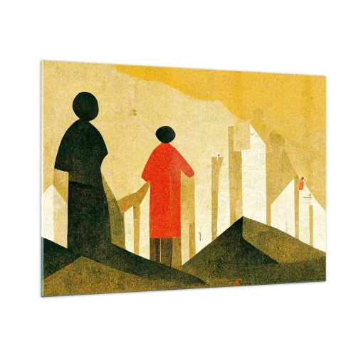 Obraz na szkle - Geometryczne sylwetki postaci wśród wysokich form na tle żółtego nieba - 100x70cm - Jeszcze daleka droga - Nowoczesna dekoracja ścienna do salonu, kuchni i sypialni ARTTOR