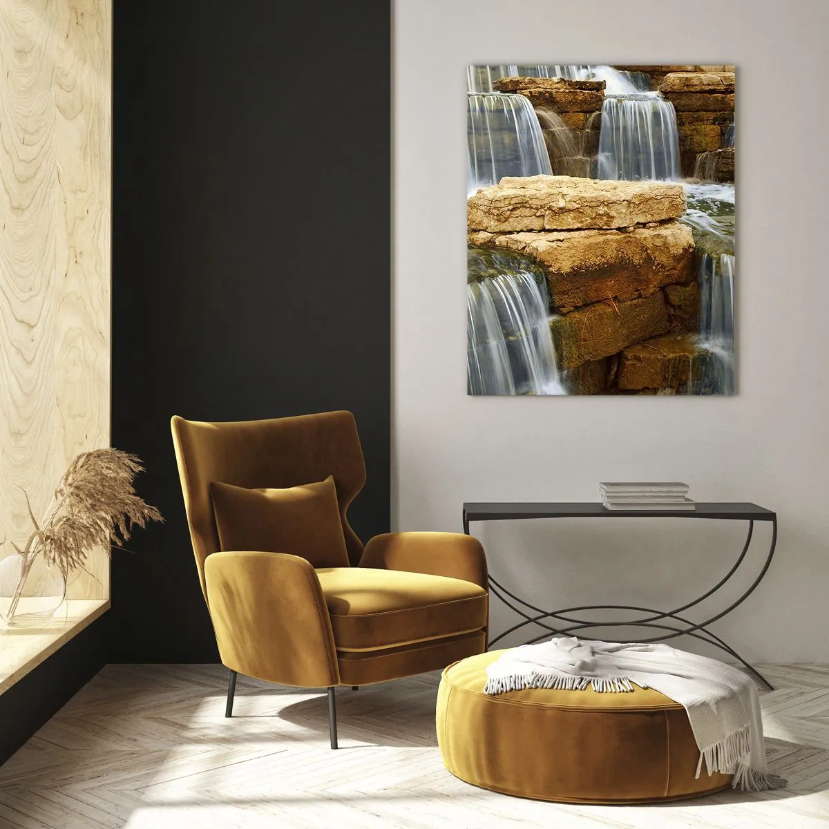 Obraz na szkle - Wodospad na skalistym tle - 50x70cm - Schody do nieba - Nowoczesna dekoracja ścienna do salonu, kuchni i sypialni ARTTOR