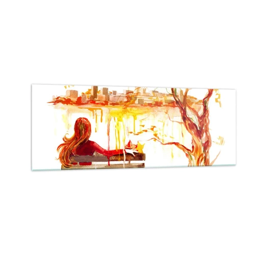 Obraz na szkle - Akwarelowa scena kobiety na ławce z widokiem na miasto - 140x50cm - Chwila zadumy - Nowoczesna dekoracja ścienna do salonu i sypialni ARTTOR