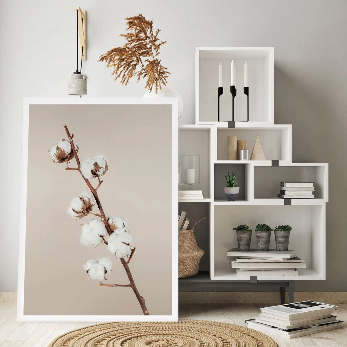 Plakat - Gałązka bawełny na beżowym tle, utrzymana w minimalistycznym stylu - 50x70cm - U źródła miękkości - Nowoczesna dekoracja ścienna do salonu, kuchni i sypialni ARTTOR