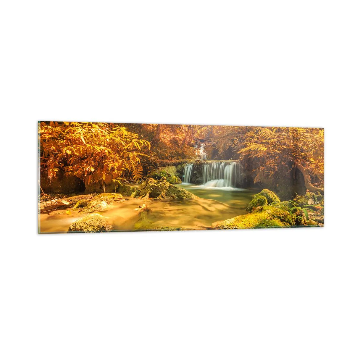Obraz na szkle - Leśna kaskada w złocie - 90x30 cm