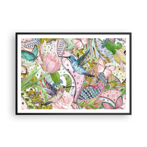 Plakat w czarnej ramie - Kolorowe kolibry i motyle wśród roślin - 100x70cm - Wplątane w pnączach - Nowoczesna dekoracja ścienna do salonu i sypialni ARTTOR