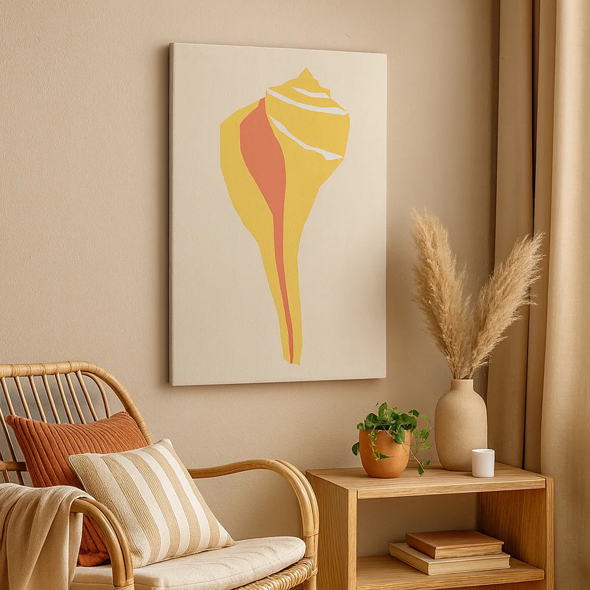 Obraz na płótnie - Minimalistyczna ilustracja muszli w ciepłych odcieniach na jasnym tle - 50x70cm - Abstrakcja organiczna – wzrost - Nowoczesna dekoracja ścienna do salonu, kuchni i sypialni ARTTOR