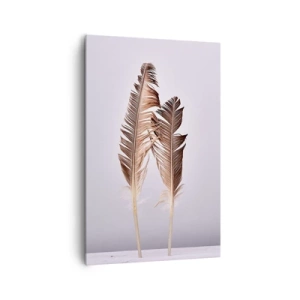 Obraz na płótnie - Delikatne pióra na jasnym tle w minimalistycznym stylu - 80x120cm - Przeciw nicości - Nowoczesna dekoracja ścienna do salonu i sypialni ARTTOR