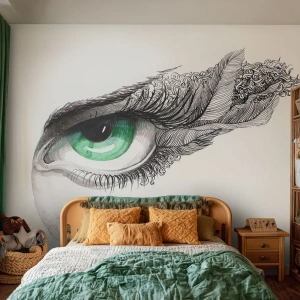 Fototapeta Premium Canvas - Artystyczne oko z zieloną tęczówką i detalami rysunku - 100x70cm - Piękna i gotowa do ataku - Nowoczesna dekoracja ścienna do salonu i sypialni ARTTOR