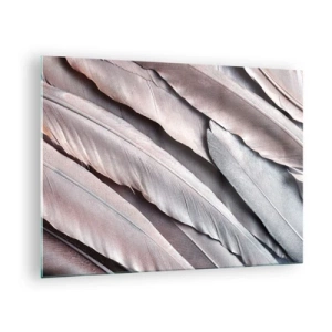 Obraz na szkle - Zbliżenie na pastelowe pióra w odcieniach różu i srebra - 70x50cm - W różowej srebrzystości - Nowoczesna dekoracja ścienna do salonu i sypialni ARTTOR