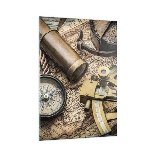 Obraz na szkle - Kompas, mapa i przyrządy nawigacyjne w stylu retro - 50x70cm - Wyznacz kurs - Nowoczesna dekoracja ścienna do salonu, kuchni i sypialni ARTTOR