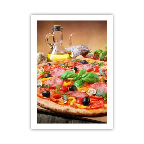 Plakat - Apetyczna pizza z oliwkami i ziołami na drewnianym stole - 50x70cm - Z prawdziwie włoskim smakiem - Nowoczesna dekoracja ścienna do salonu, kuchni i sypialni ARTTOR