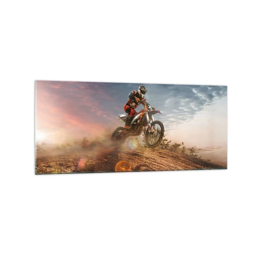 Obraz na szkle - Motocyklista na wydmach o zachodzie słońca - 120x50cm - Po zwycięstwo - Nowoczesna dekoracja ścienna do salonu i sypialni ARTTOR